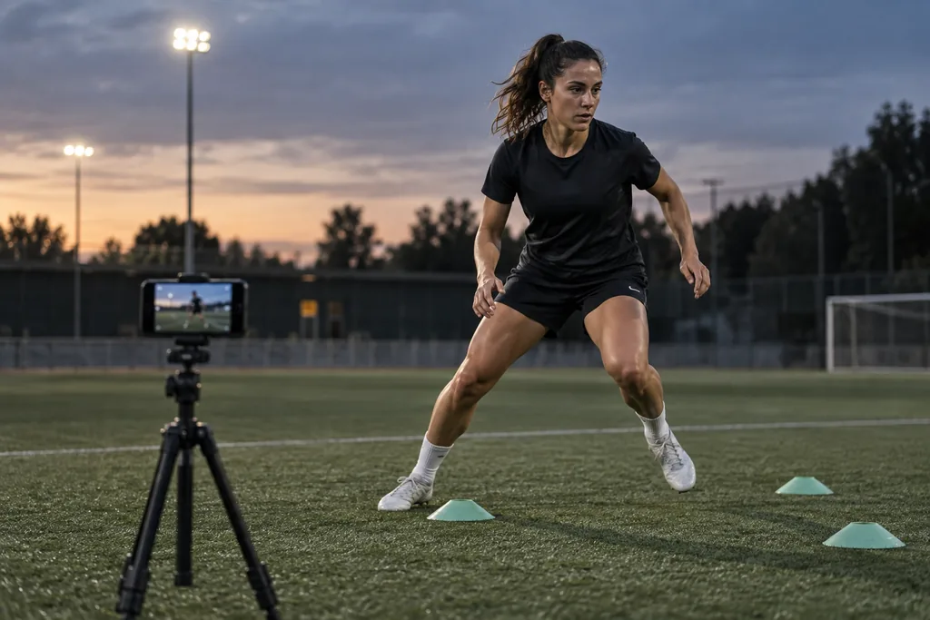 Illustrative adult footballer recording a movement drill with a phone on a tripod