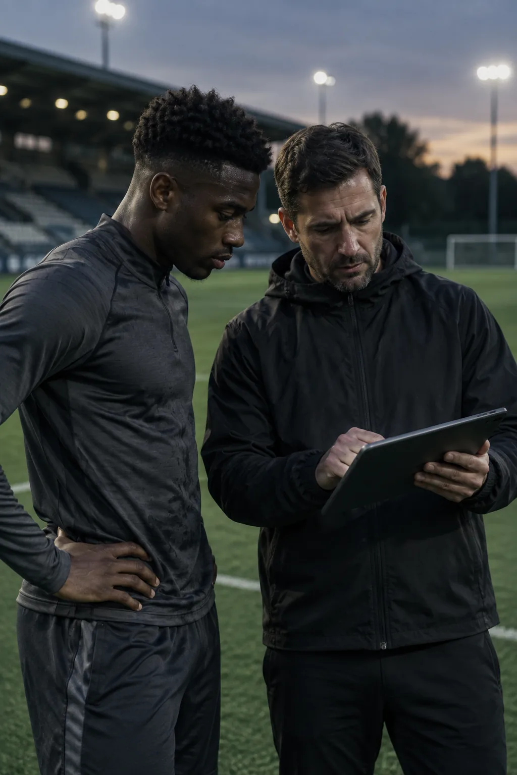 Illustrative adult footballer and scout reviewing a tablet at a training ground